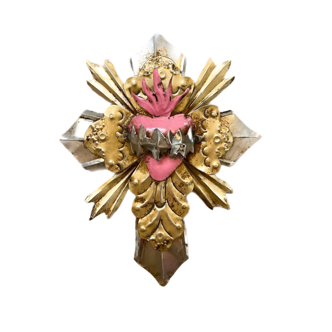 Mexican Tin Cross with gold & Pink Heart